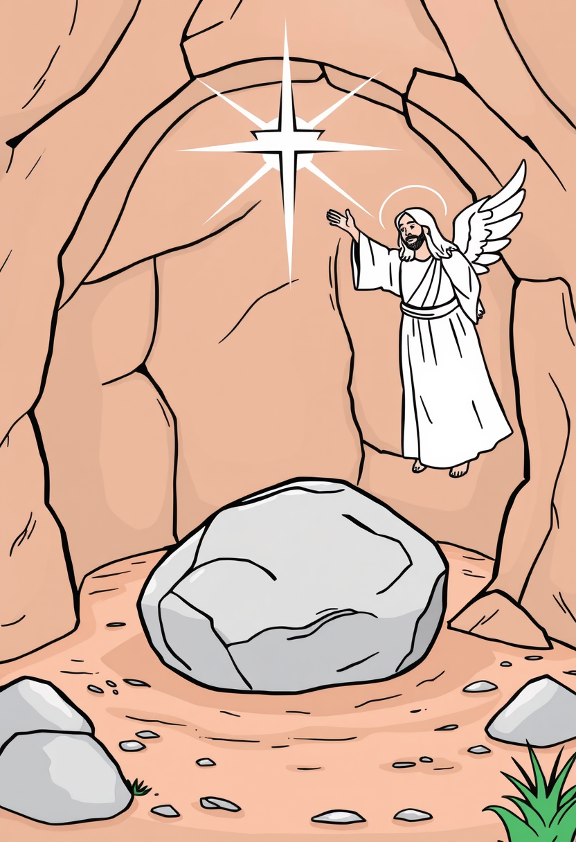 Create an image of the empty tomb with the stone rolled away, and an angel announcing the resurrection of Jesus. a coloring book page, cartoon style, thick lines, low details, no shading. - Image