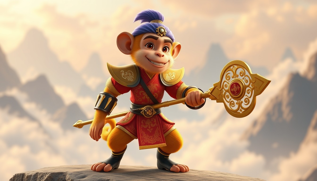 Create a 3D Pixar-style image of Sun Wukong. Sun Wukong is a handsome monkey with an agile body, and his golden-yellow fur gleams brightly. He is dressed in a red battle robe adorned with golden cloud patterns, with golden armor on his shoulders and chest. He wears a golden belt around his waist, with his magic staff (Ruyi Jingu Bang) hanging from it. He has a purple-gold crown on his head and wears black boots. The background could be majestic mountains or a sea of clouds, creating a heroic and mythical atmosphere. - Image