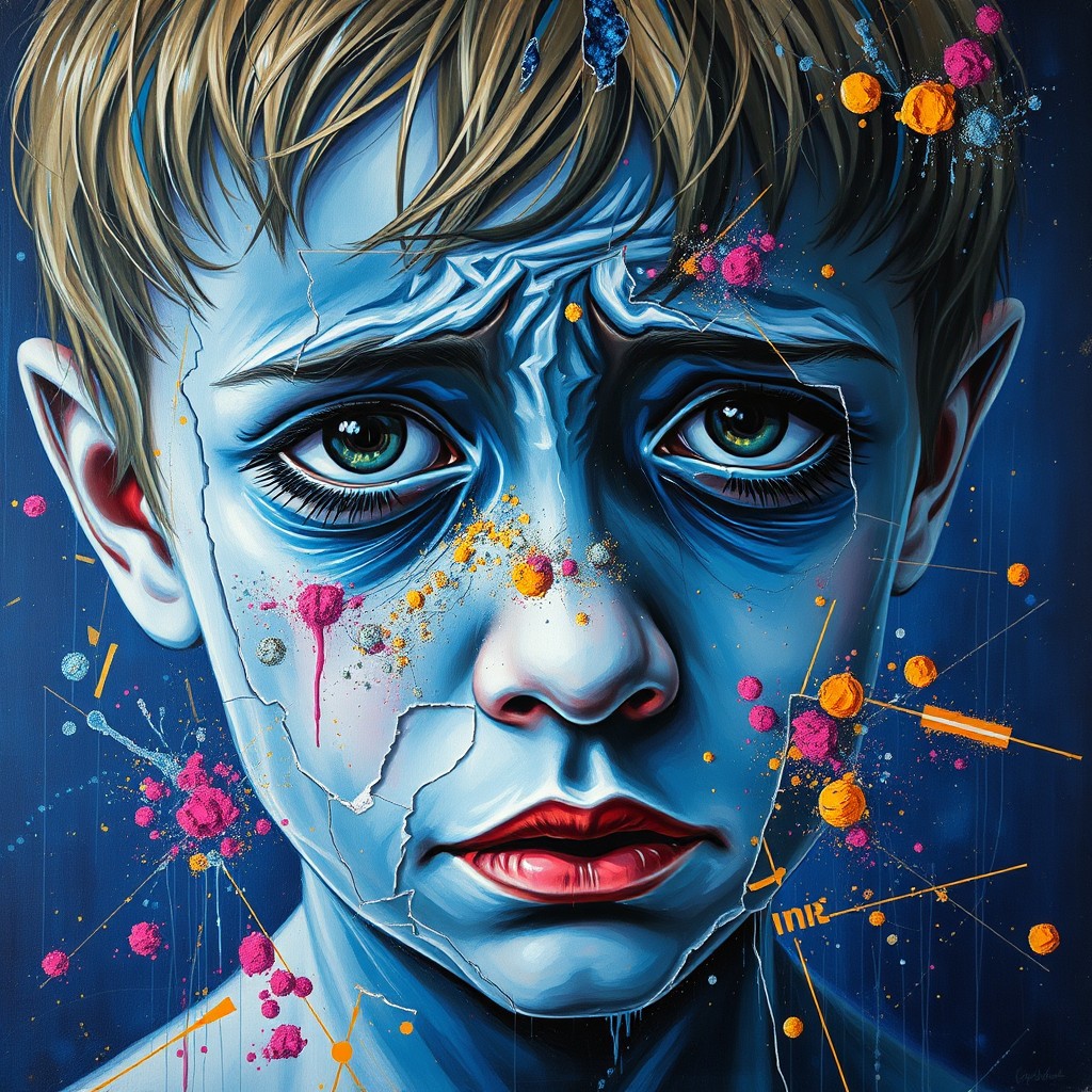 It's an abstract painting, close up, a weeping boy with blue skin and a broken face, surrounded by glass breakage and gold lines in a dark blue background, a colorful explosion of the spillage of powder.