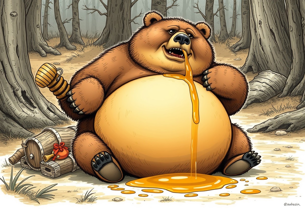 Obese bear guzzling a barrel of honey, bloated overhanging sagging belly, high resolution, - Image