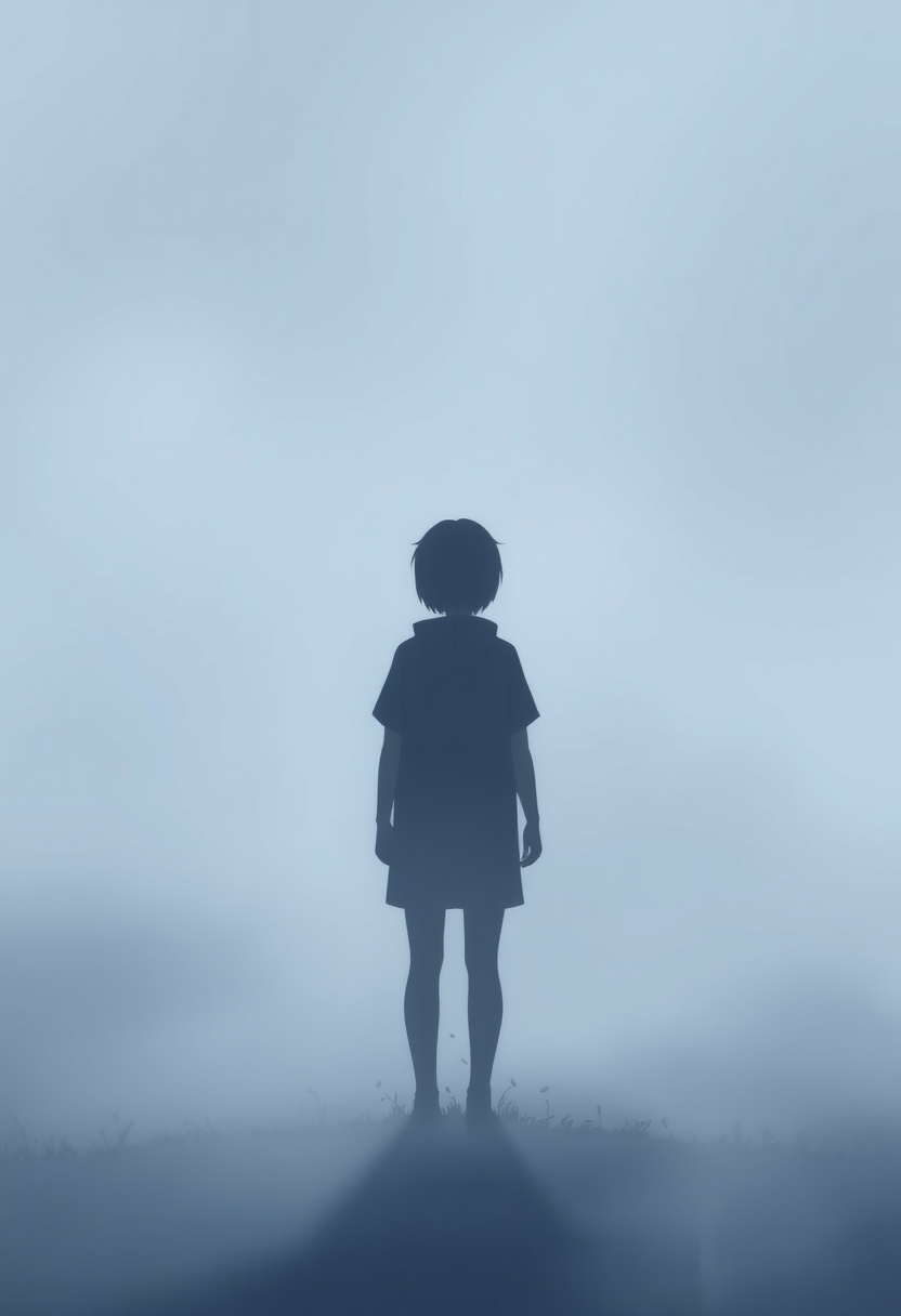 A silhouette of a person standing quietly in the fog. It conveys feelings of loneliness and longing, anime style. - Image