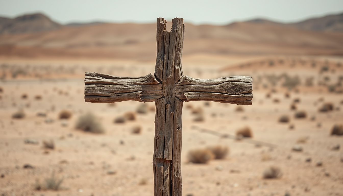 A wooden cross where the wood has rotted. The cross is standing in a barren desert landscape. The overall feel is depressing and desolation.