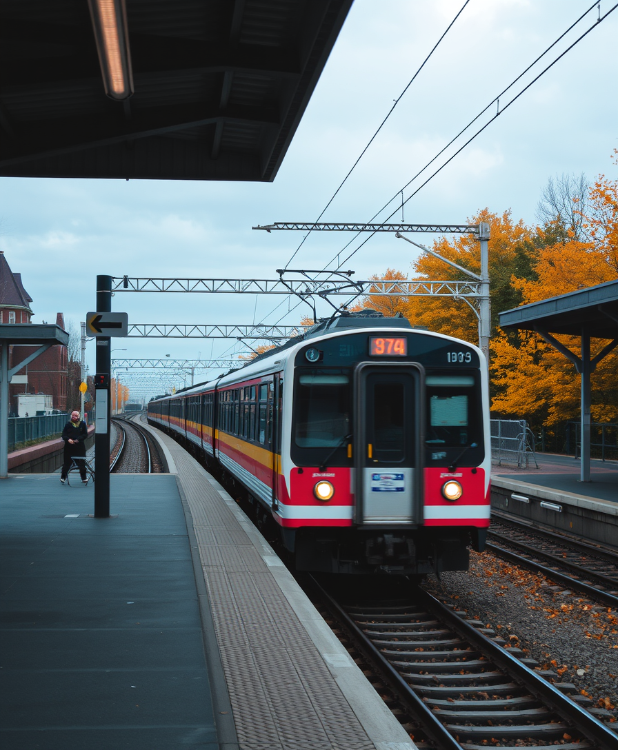 Train arriving at the station, autumn.