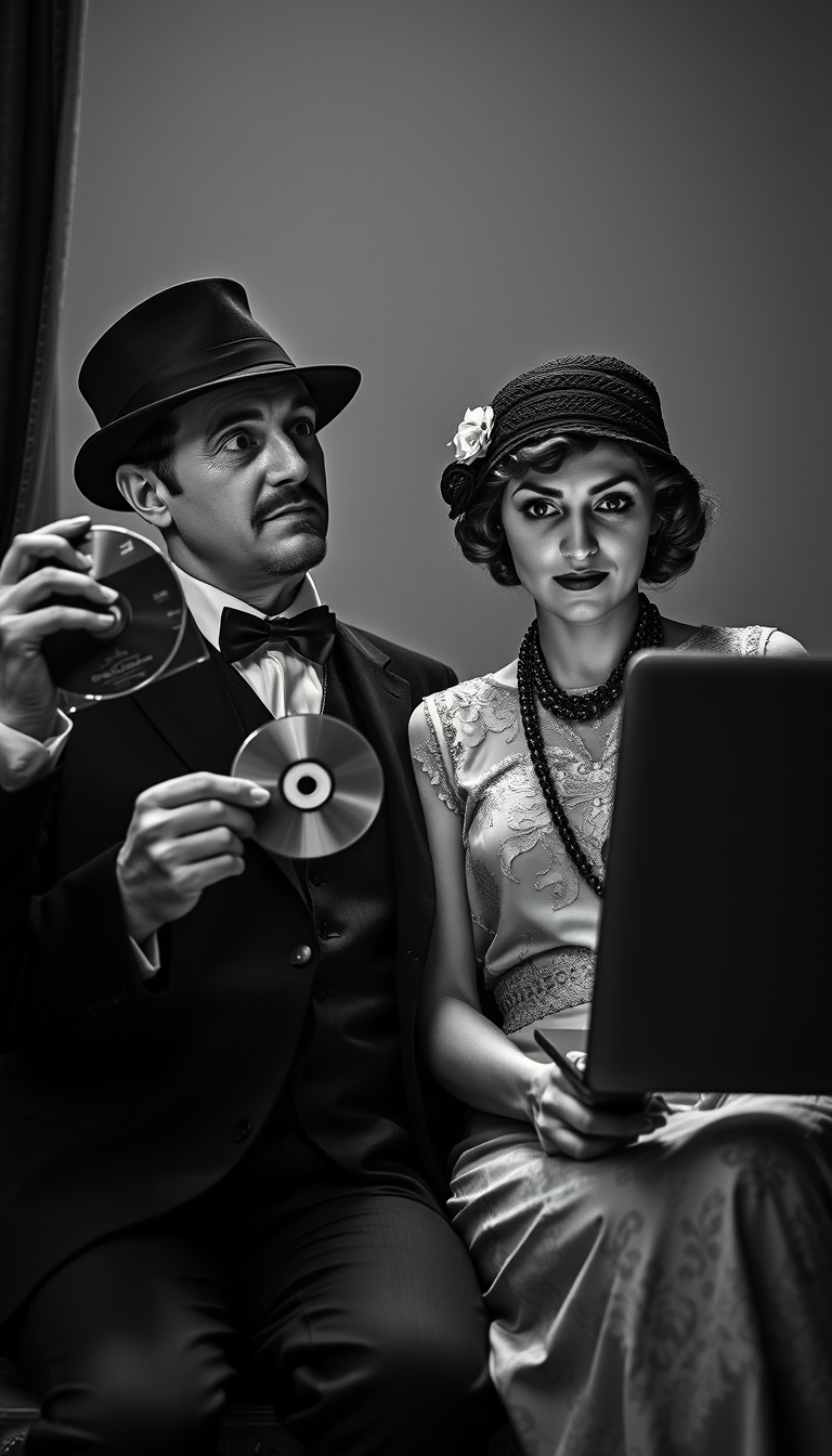 Hyper-realistic silent film, black-and-white film showcases a couple from the 1920s, engaging in dramatic poses characteristic of that period. They are dressed in vintage 1920s attire and makeup. Both individuals are fascinated by contemporary media devices; the man is holding a DVD and a Blu-Ray, looking amazed, while the woman is entranced by the display on her MacBook Pro.