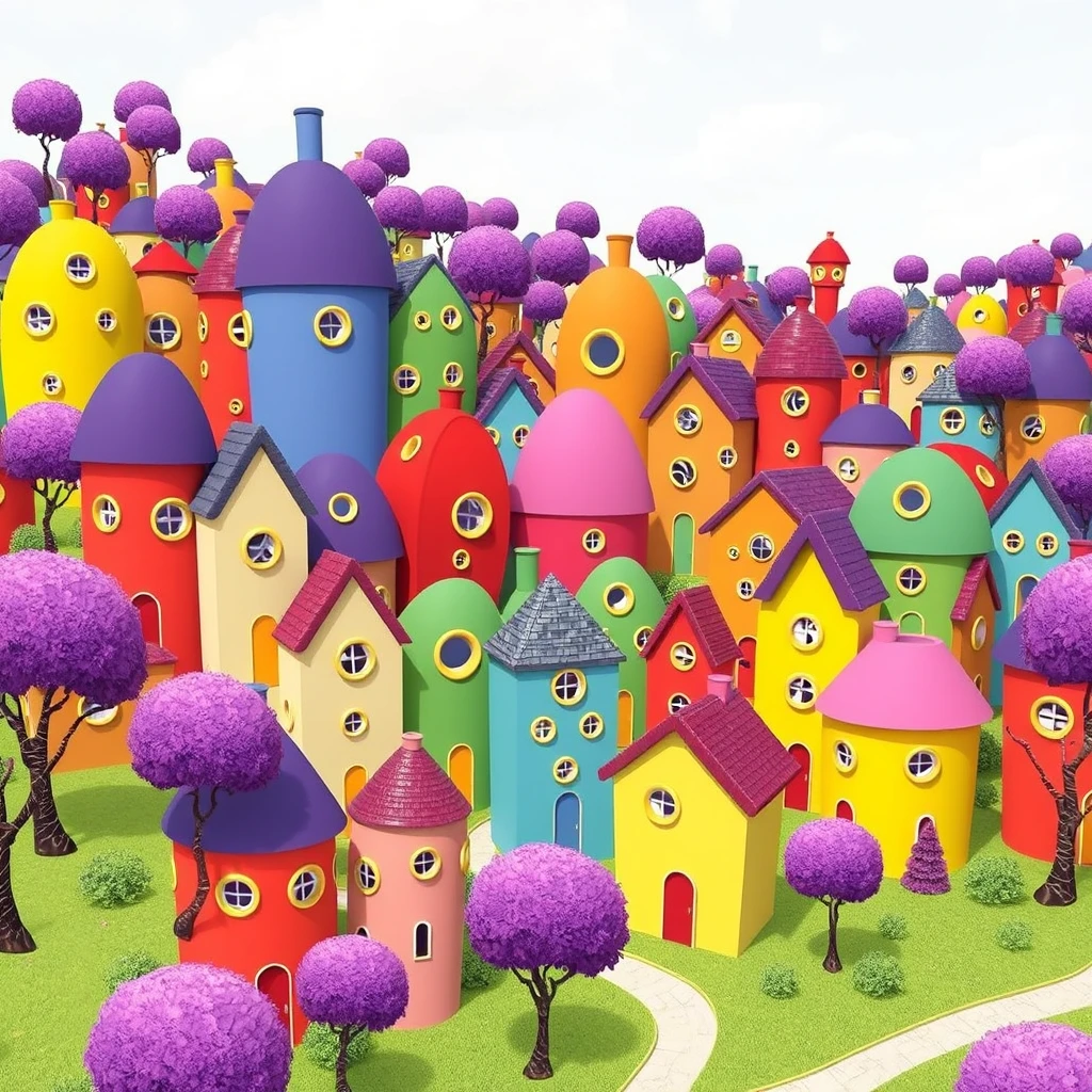 Colorful morphic buildings with circular windows everywhere in a big village, all the trees are purple, also inspired by Dr. Seuss. - Image