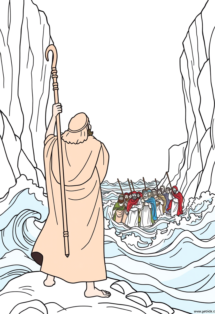 Depict Moses standing with his staff raised, as the Red Sea parts, with walls of water on either side and the Israelites crossing. A coloring book page, cartoon style, thick lines, low details, no shading.