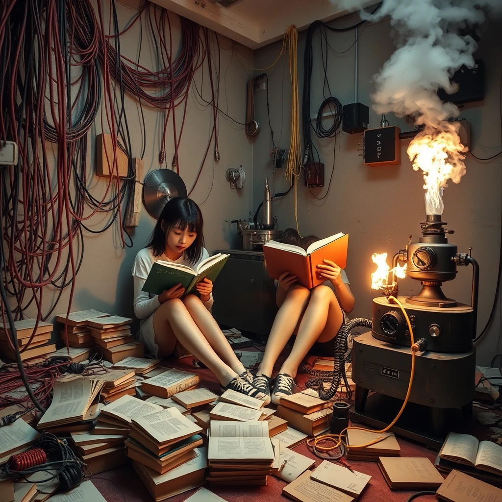 A real-life photograph, wide shot, of two Japanese teen girls reading books in the corner of a room. The room has some books scattered messily, and many wires of varying thicknesses are on the floor and in the air, including red, blue, yellow, and other colors. Additionally, there are some machines emitting steam and fire. The lighting is dim, and there are some plants. - Image