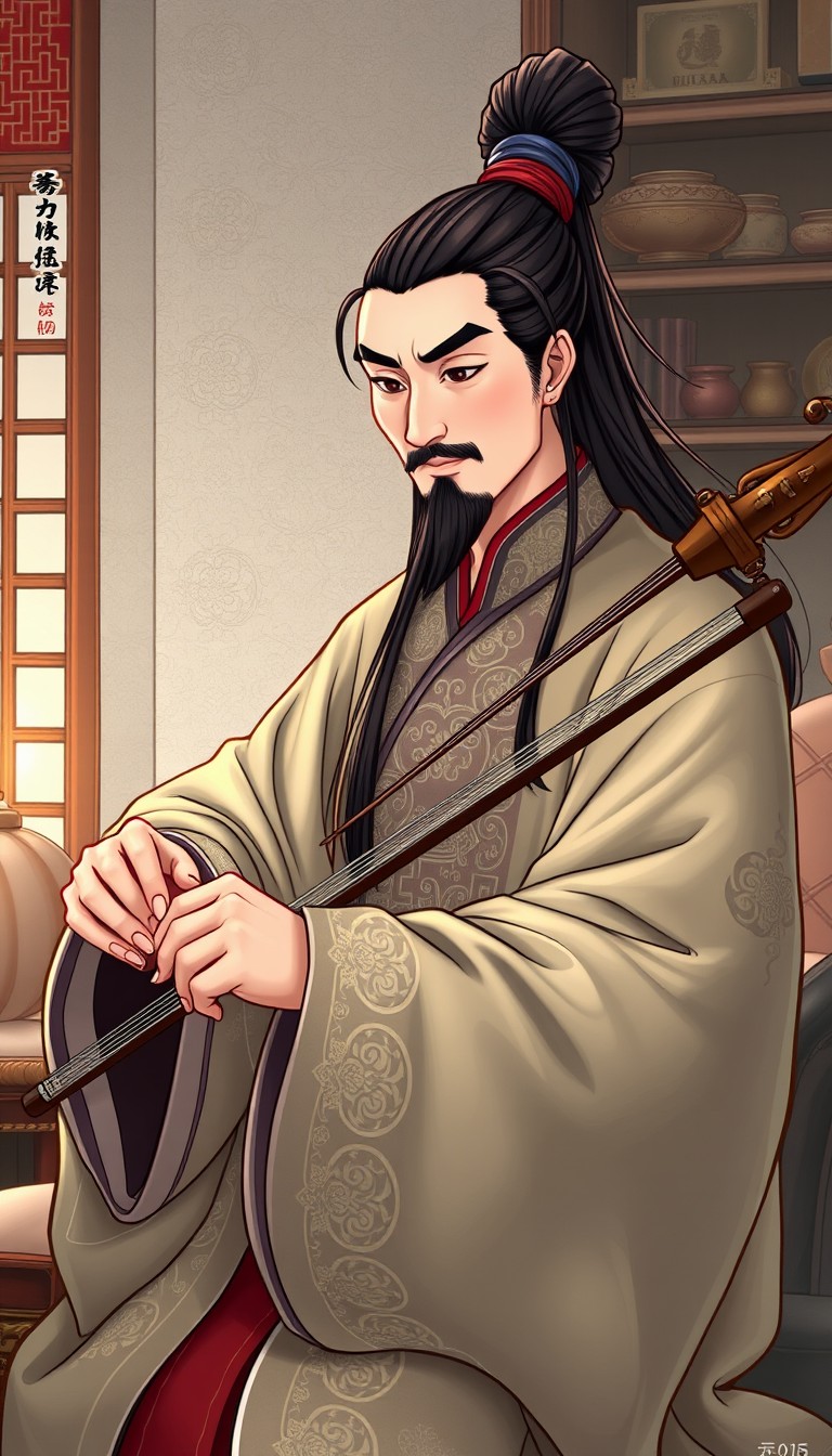 Illustration of an ancient Chinese musician named Gong Mingyi, wearing traditional Chinese robes with intricate patterns, playing a qin at home. His expression is focused and serene, with long flowing hair tied up in a traditional bun, elegant furnishings in the background. (traditional Chinese art)