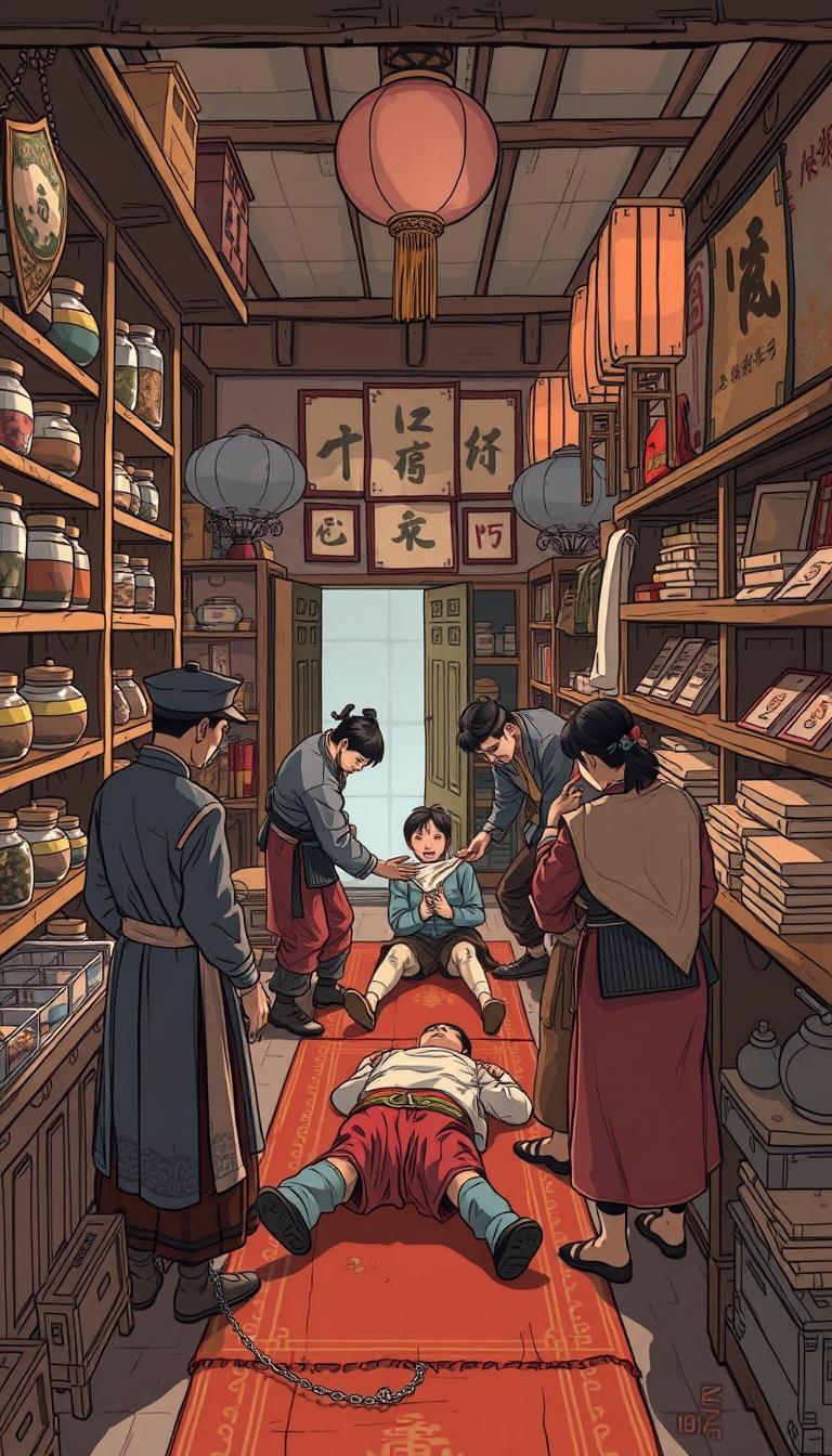 A rescue scene inside an ancient Chinese shop. The shop is filled with traditional goods like herbs, fabrics, and antiques. Wooden shelves display jars of herbs and bolts of fabric, and a simple carpet covers the floor. Ancient decorations hang on the walls. In one corner, rescuers in traditional attire are urgently attending to an injured customer, while other shopkeepers and patrons anxiously assist. The scene is depicted in 8K resolution with a flat comic sketch style, graphic novel aesthetic, 2D effects, and drab painting style, emphasizing the urgency of the rescue and the authenticity of the ancient shop.