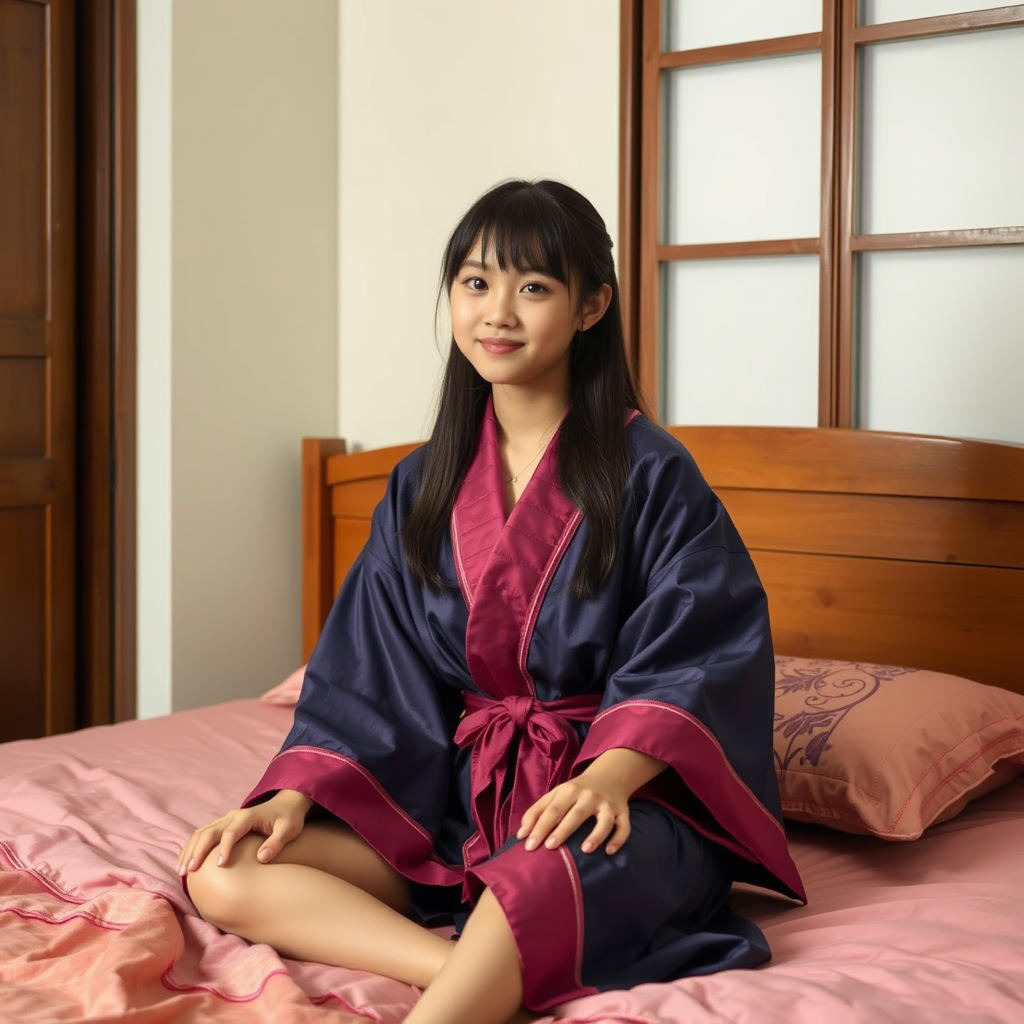 A high school Asian girl dressed in a robe, sitting on the bed in her room.