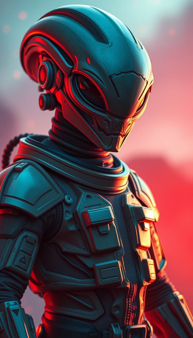 Cinematic view of Alien in advanced spacesuit looking forward with vibrant colours.