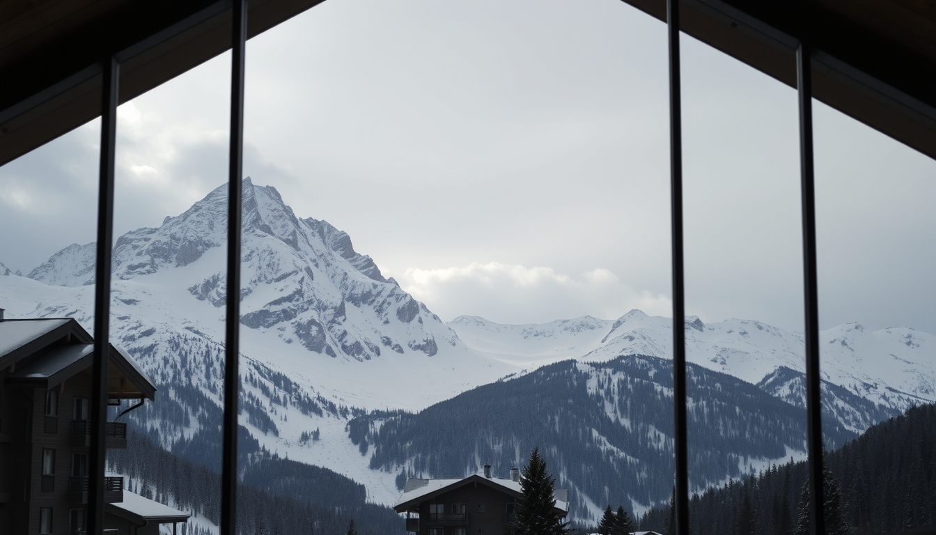 A dramatic mountain landscape viewed through the glass walls of a ski lodge.