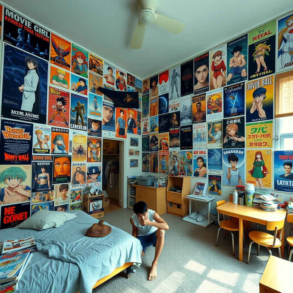 A very large room with one wall covered in many posters, including the poster for "Movie Girl" by Katsuhiro Otomo, posters for Neon Genesis Evangelion, Dragon Ball, a poster of Asuka, and a poster for Castle in the Sky. The room also has a bed and tables and chairs. It’s summer and very hot, and there is a male student sitting in the room, sweating.