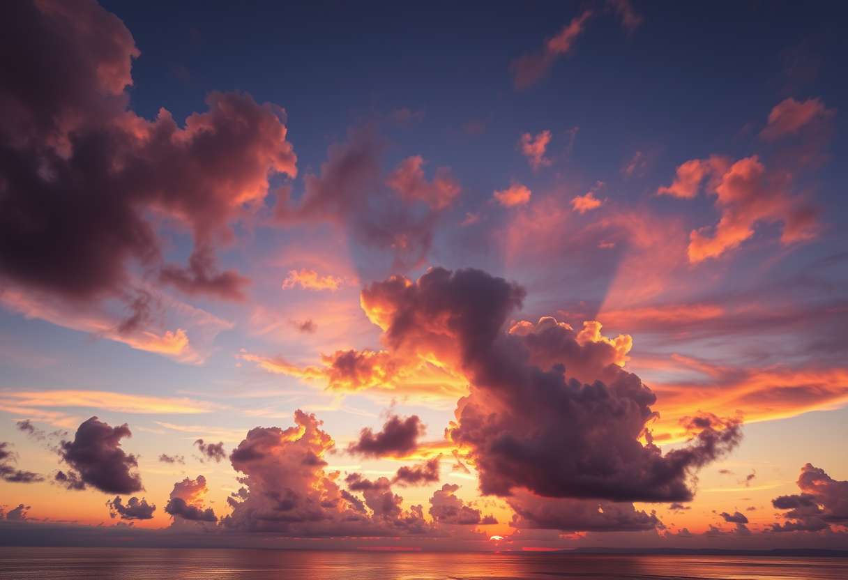 fiery sunset, clouds, high quality, photorealistic, evening sky, reflection, serene