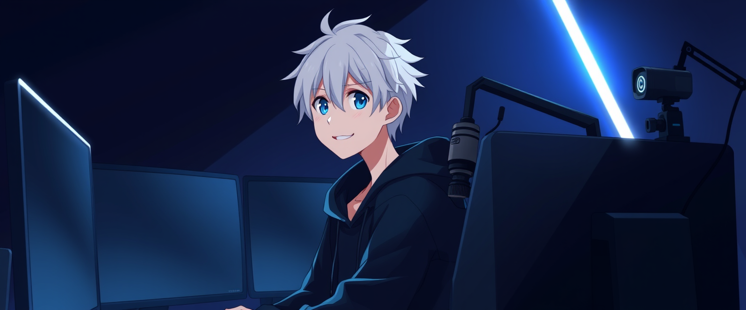 "Anime-style drawing of a boy with white hair, smiling in a black hoodie in a gamer setup with lights in front, looking at two monitors with black screens in a dark room with a few white neon lights, with one podcast-style microphone and one camera on top of a monitor to his right."