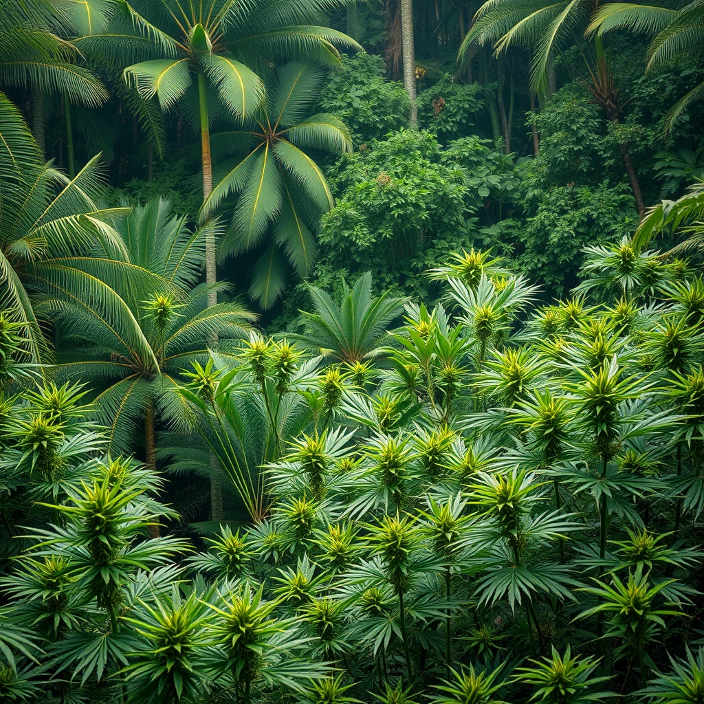 'a tropical jungle with CBD plants on the edges of the image'