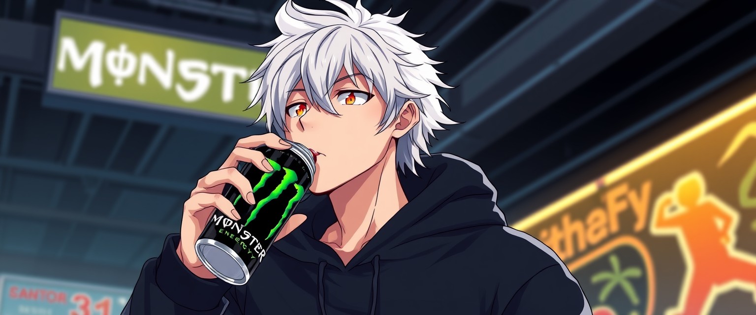 'anime-style man with half white hair wearing a black hoodie drinking Monster Energy' - Image