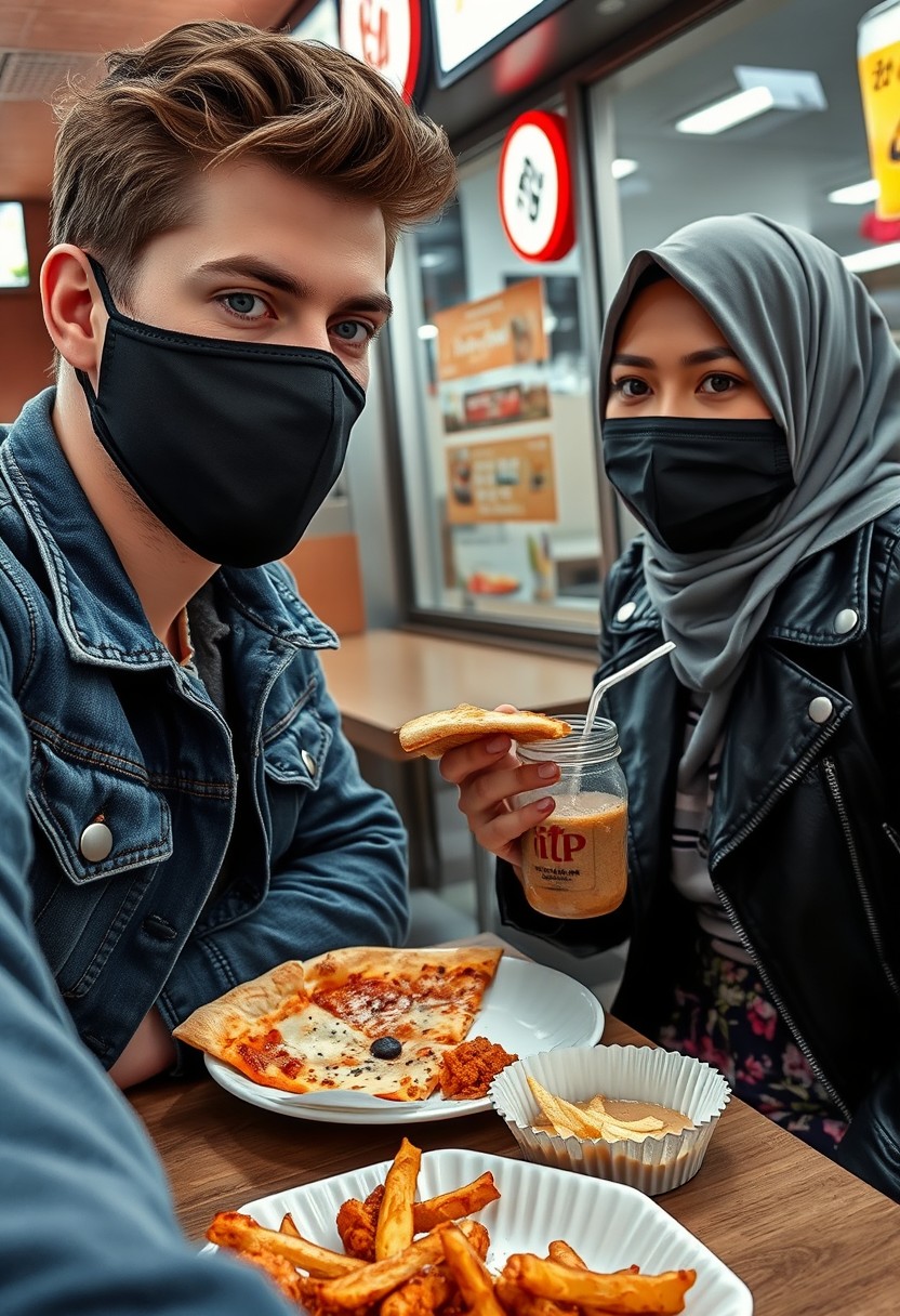 Jamie Dornan's head and body shot, handsome, young, black face mask, blue jeans jacket, jeans, dating a Muslim girl in a grey hijab with beautiful eyes, black face mask, black leather jacket, the biggest floral skirt, at a fast food restaurant, slice of cheese pizza, plate of Korean fried chicken and fries, glass of soft drink, photorealistic, hyper-realistic, street photography, selfie.