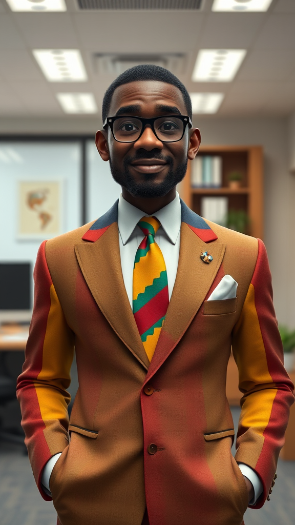 A black man wearing a full suit of colors. And indeed, my father transferred me, even though it meant he had to relocate his job and our home. He did all that for a word that was said to me. Office 8k, 3D Pixar style.