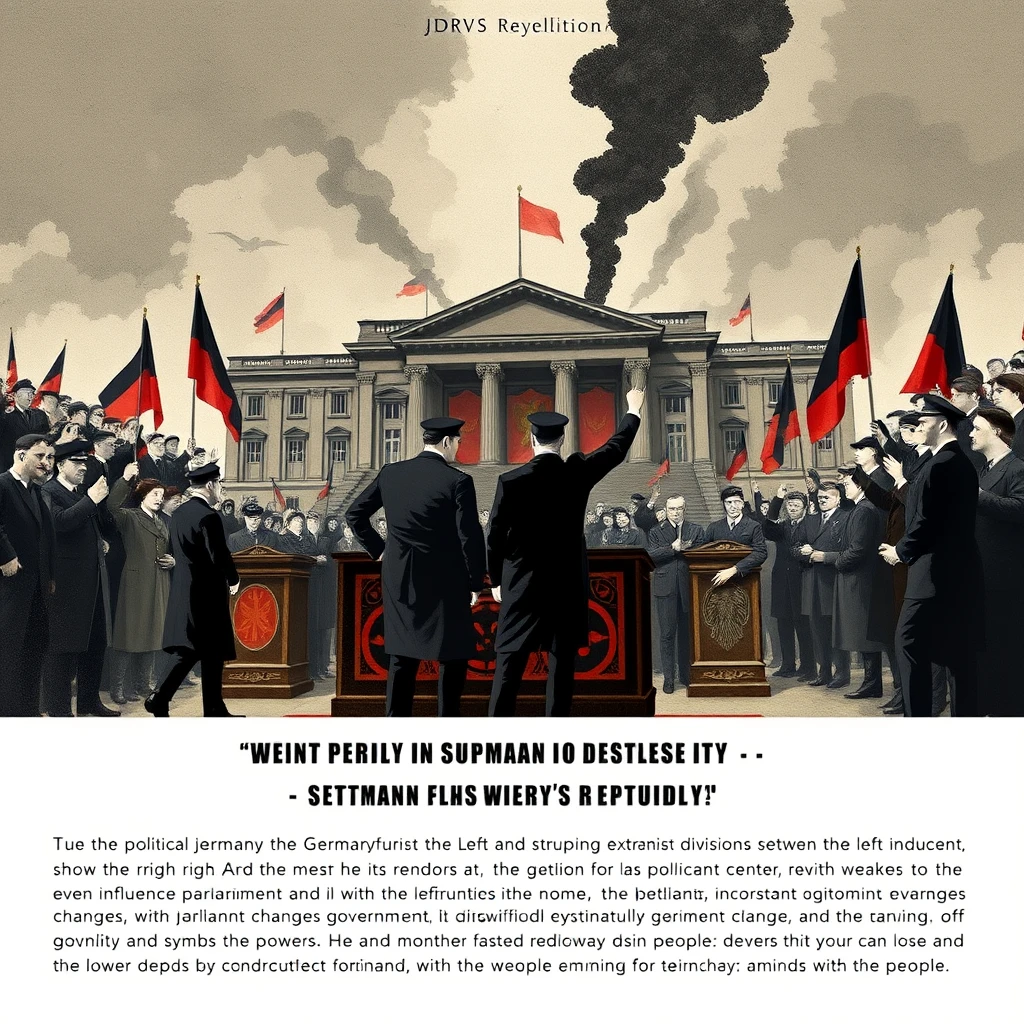 "Depict the political instability in Germany during the Weimar Republic, with sharp divisions between the left and right. Show the rise of extremist groups gaining influence as the political center weakens. The parliament should appear dysfunctional, with constant government changes, symbolizing its inability to govern effectively. The image should also convey the growing disillusionment among the people, as they lose faith in democracy amidst the chaos and power struggles."