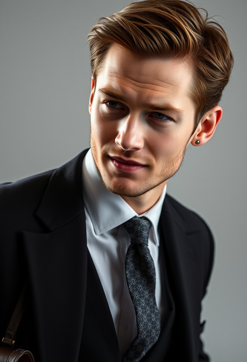 Jamie Dornan's face, hair and body shot, handsome, young, shy smile, white shirt half buttoned, grey patterned tie, black coat suit, leather shoes, leather bag, hyper-realistic, studio photography, full body photography. - Image