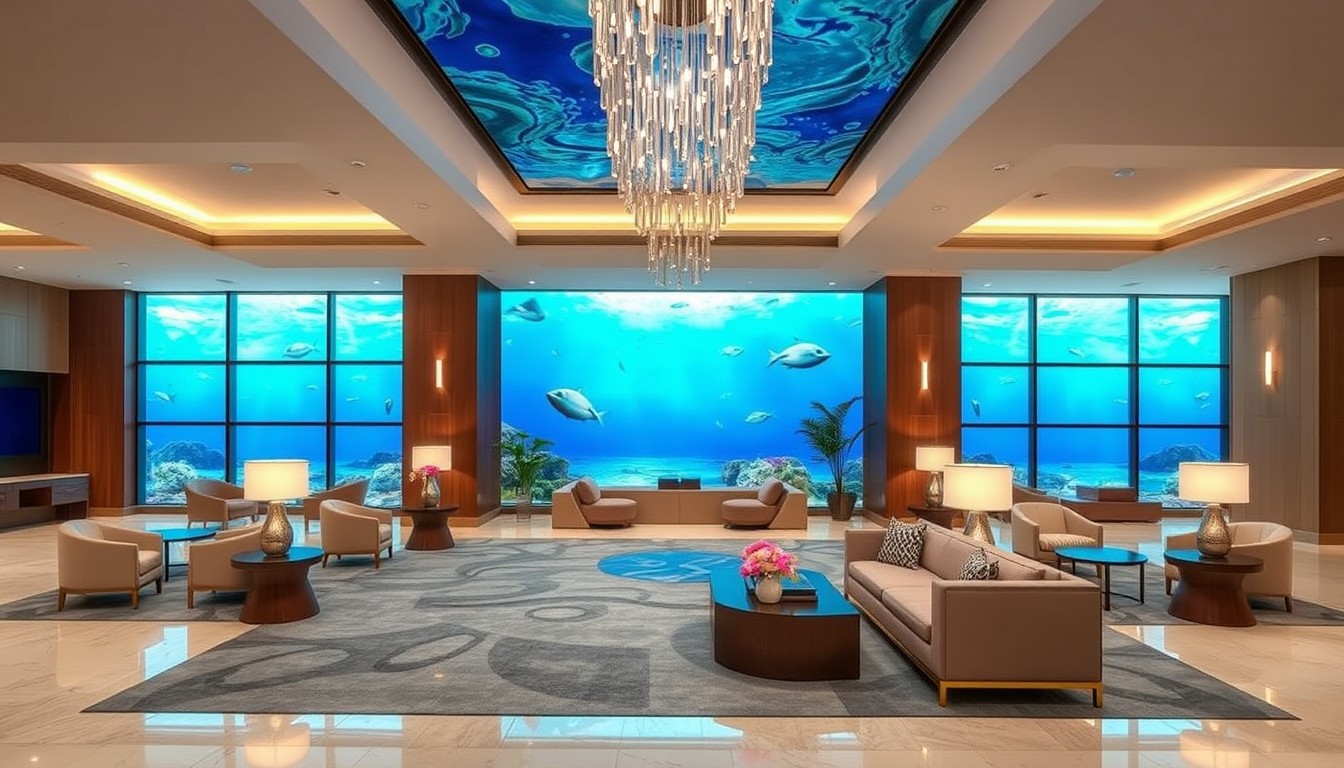 A modern-style hotel lobby with an ocean theme.