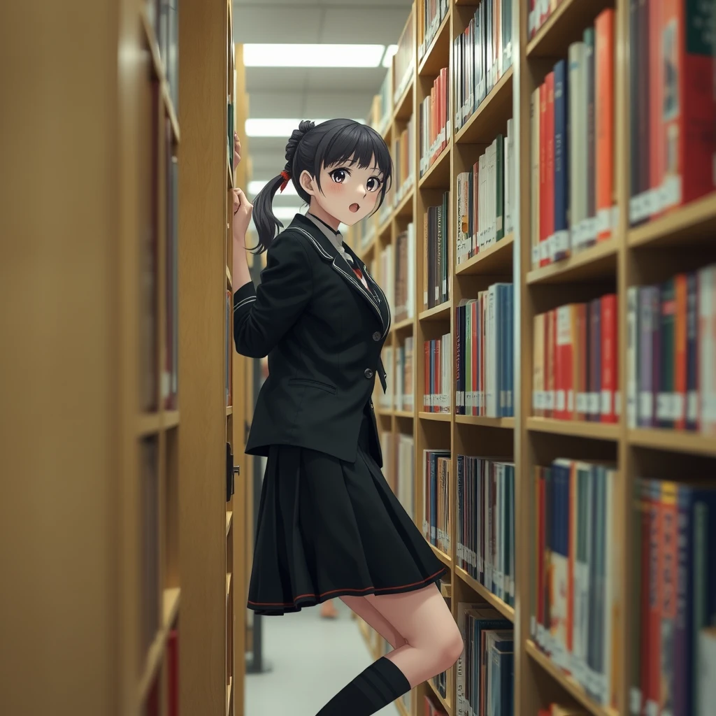 In the library, there is a Japanese female student wearing a school uniform skirt (with white skin) who is climbing the shelf to look for books. There are many people in the library.