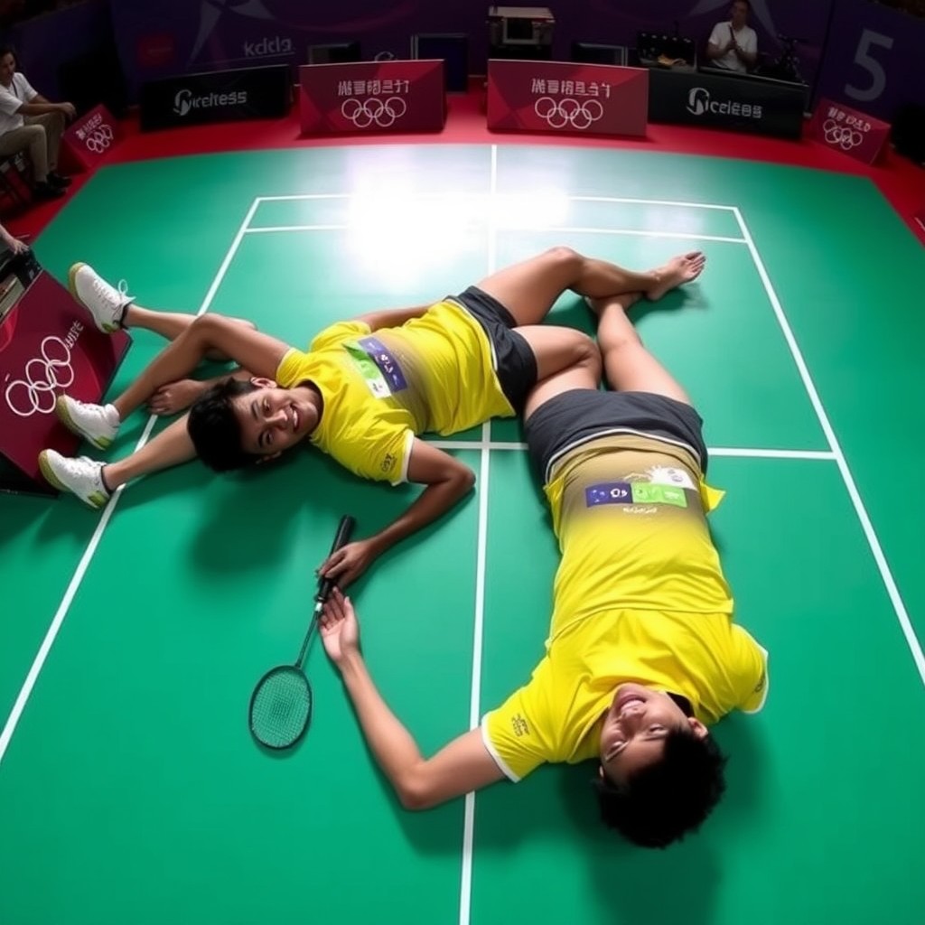 "The moment the Taiwanese men's doubles badminton team won at the Olympics, one was lying on the court while the other happily lay on the court, both wearing yellow jerseys, captured from a bird's-eye view." - Image