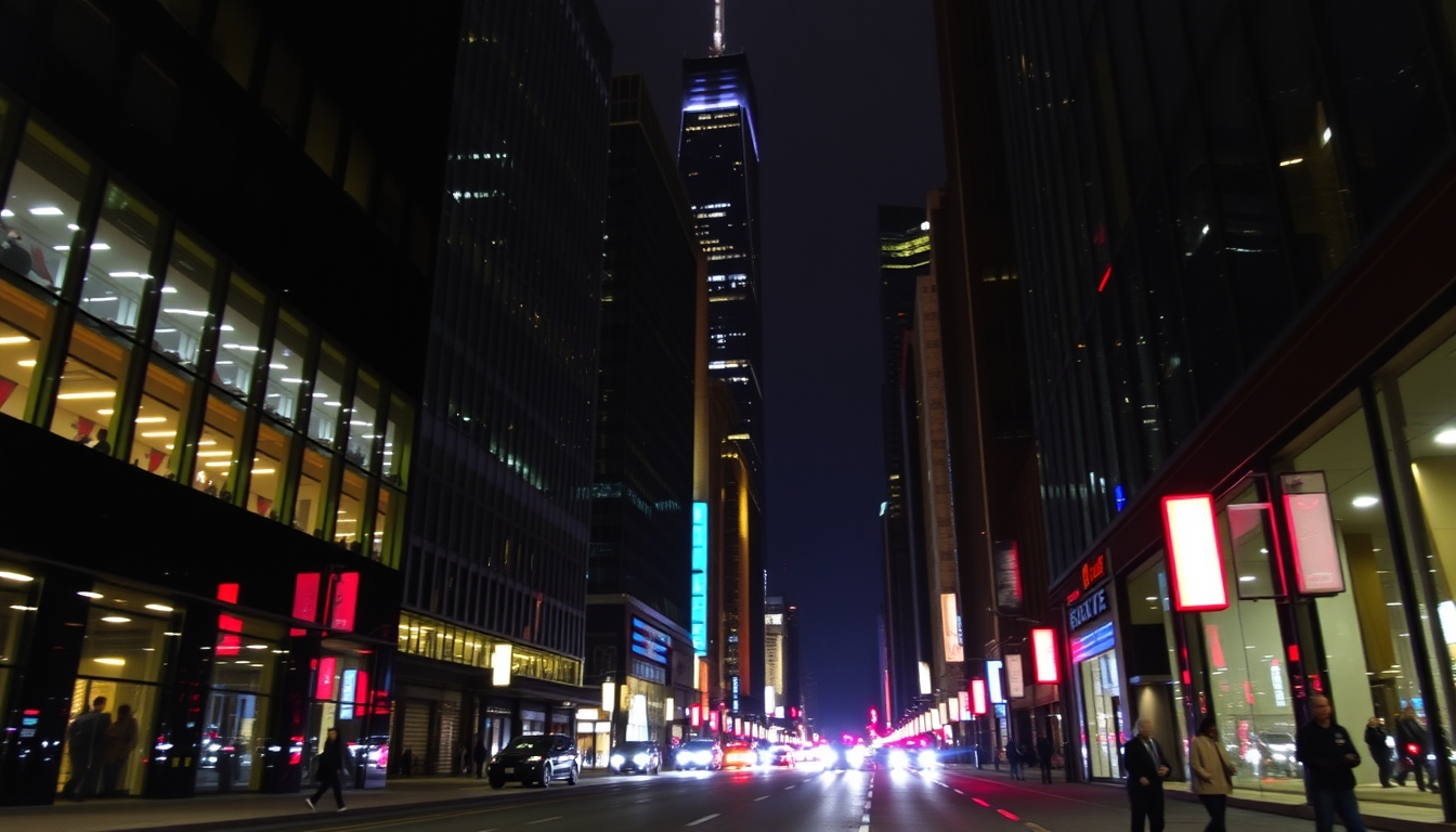 A vibrant city street at night, with reflections in the glass windows of skyscrapers.