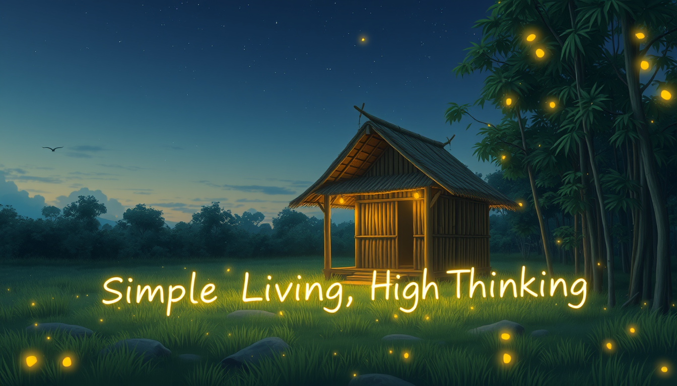 A humble bamboo hut in a clearing. Time-lapse shows day turning to night as glowing fireflies form the text "Simple Living, High Thinking" around the hut. Anime style.