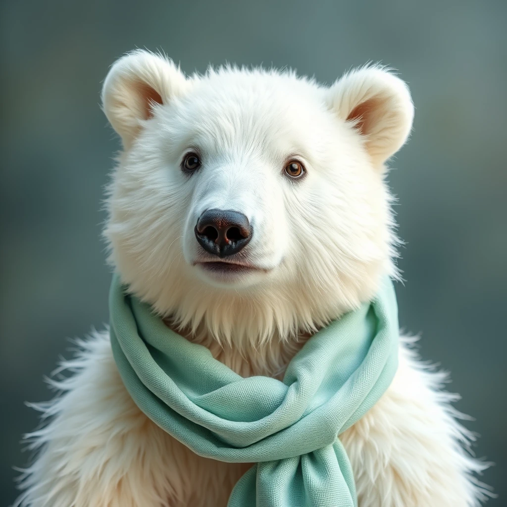 adorable white bear, wear mint linen scarf