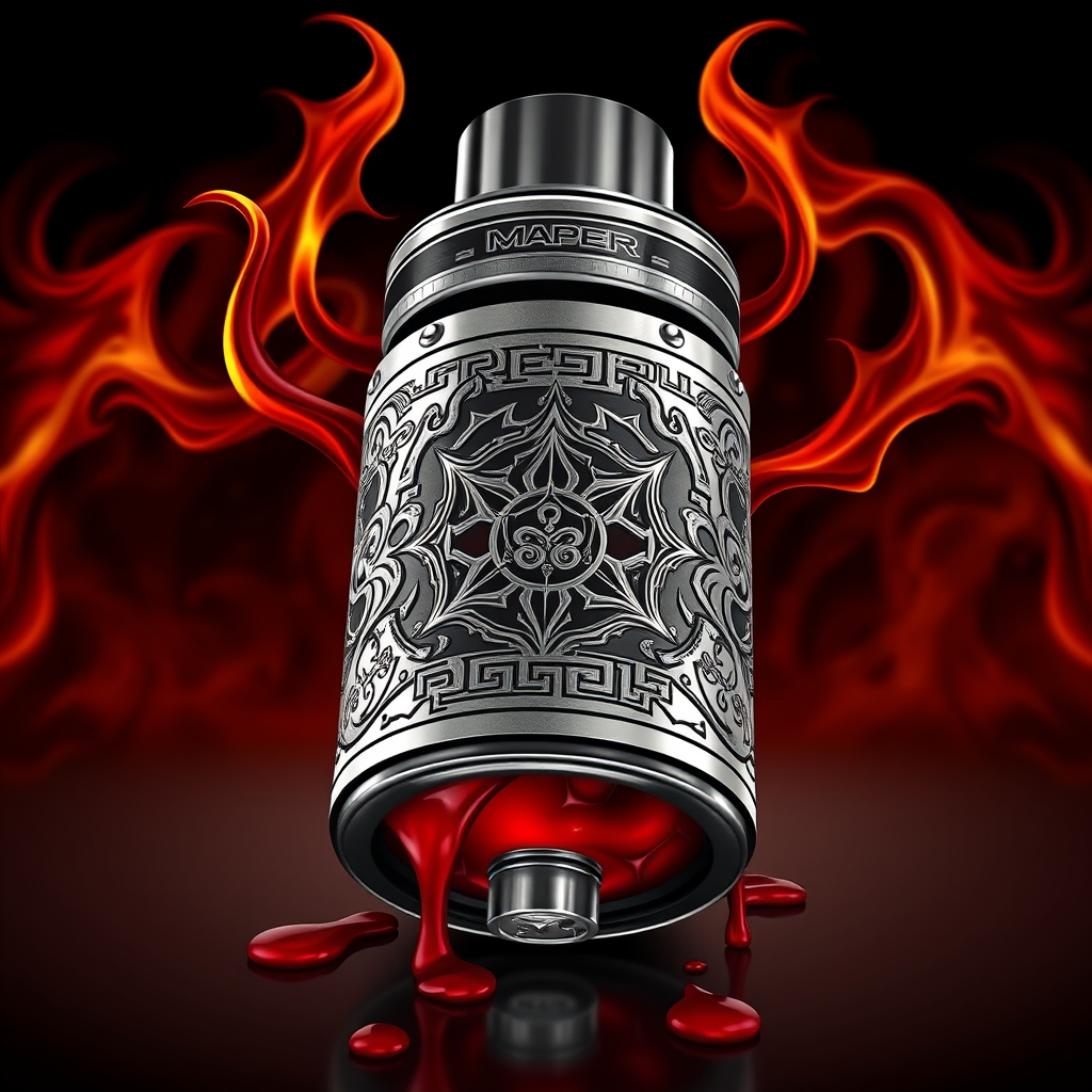 Hyper-realistic logo design for DoomVapes: Intricately detailed metallic vape tank, engraved with infernal motifs. Hellfire wisps curl around the device. Blood-red liquid seeps through cracks. Chthonic symbols etched on sleek surface.