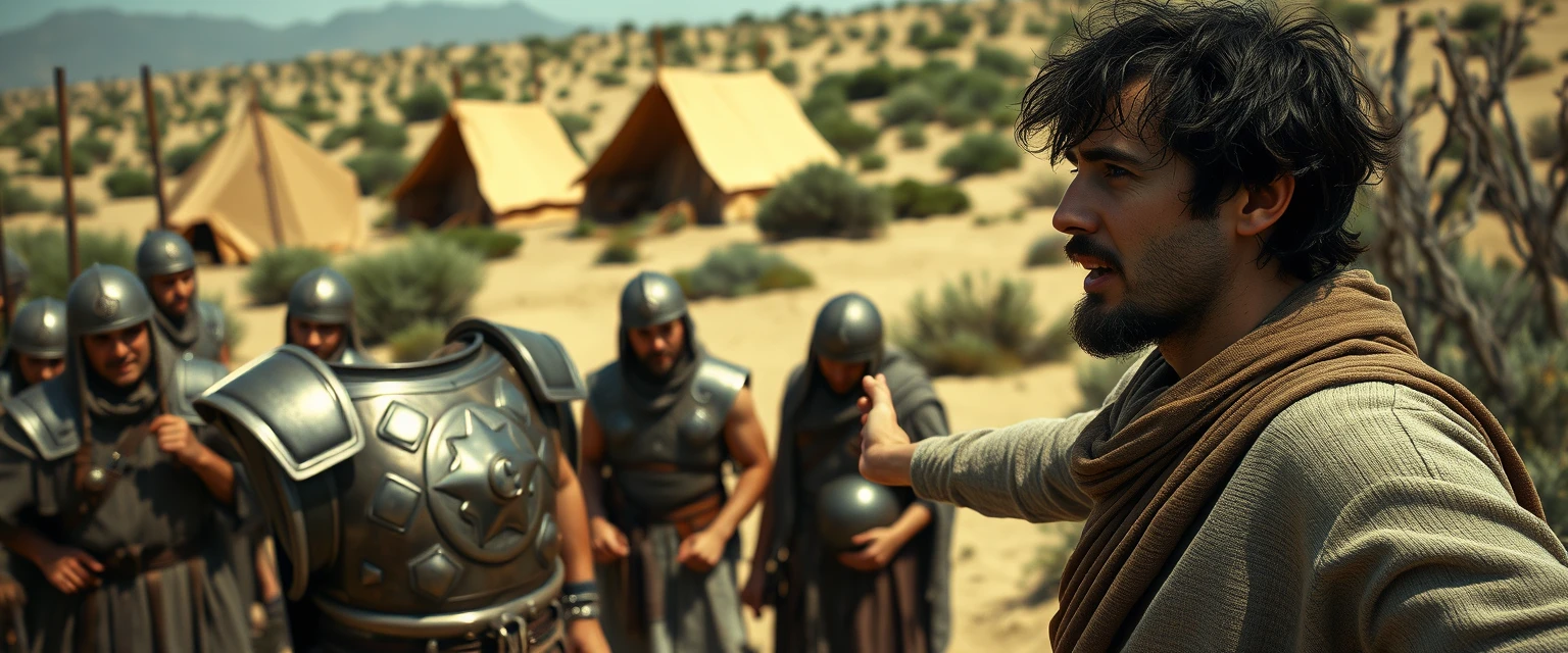 Create a scene where two men are facing one another. The man on the right is a young Jewish man in his mid-20s, dressed simply as a shepherd, posed dramatically with his arms stretched out to the sides. He has dark, messy, unkempt hair and a beard, and looks shocked, glancing off-camera to the left. The man on the left is a slim Jewish man in his mid-30s, with messy hair and a Jewish beard, wearing only simple biblical-era Israelite armor. A group of four ancient biblical-era Israelite soldiers is crowding around the man on the left. In the background, Arabic army tents are pitched on a desert shrubland. The overall mood of the image is one of anxiety and concern.