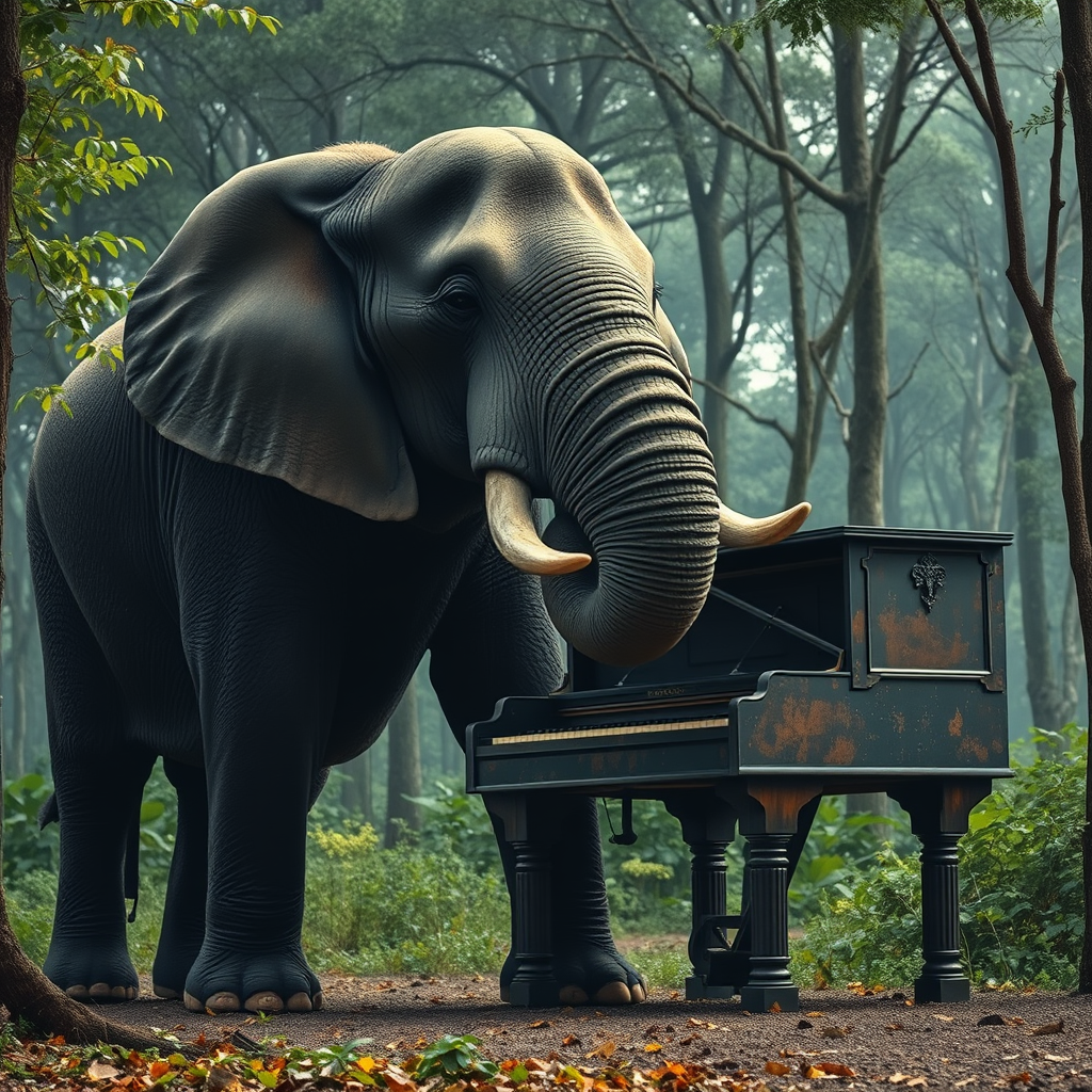 Giant elephant playing old grand piano with its trunk, in a forest, cinematic.