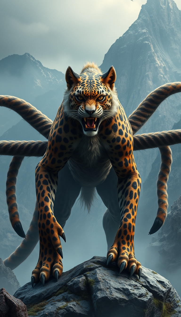 (Ultra realistic) a monster that has a wildcat's head, leopard body pattern, 5 lion's tails, China mountain background.