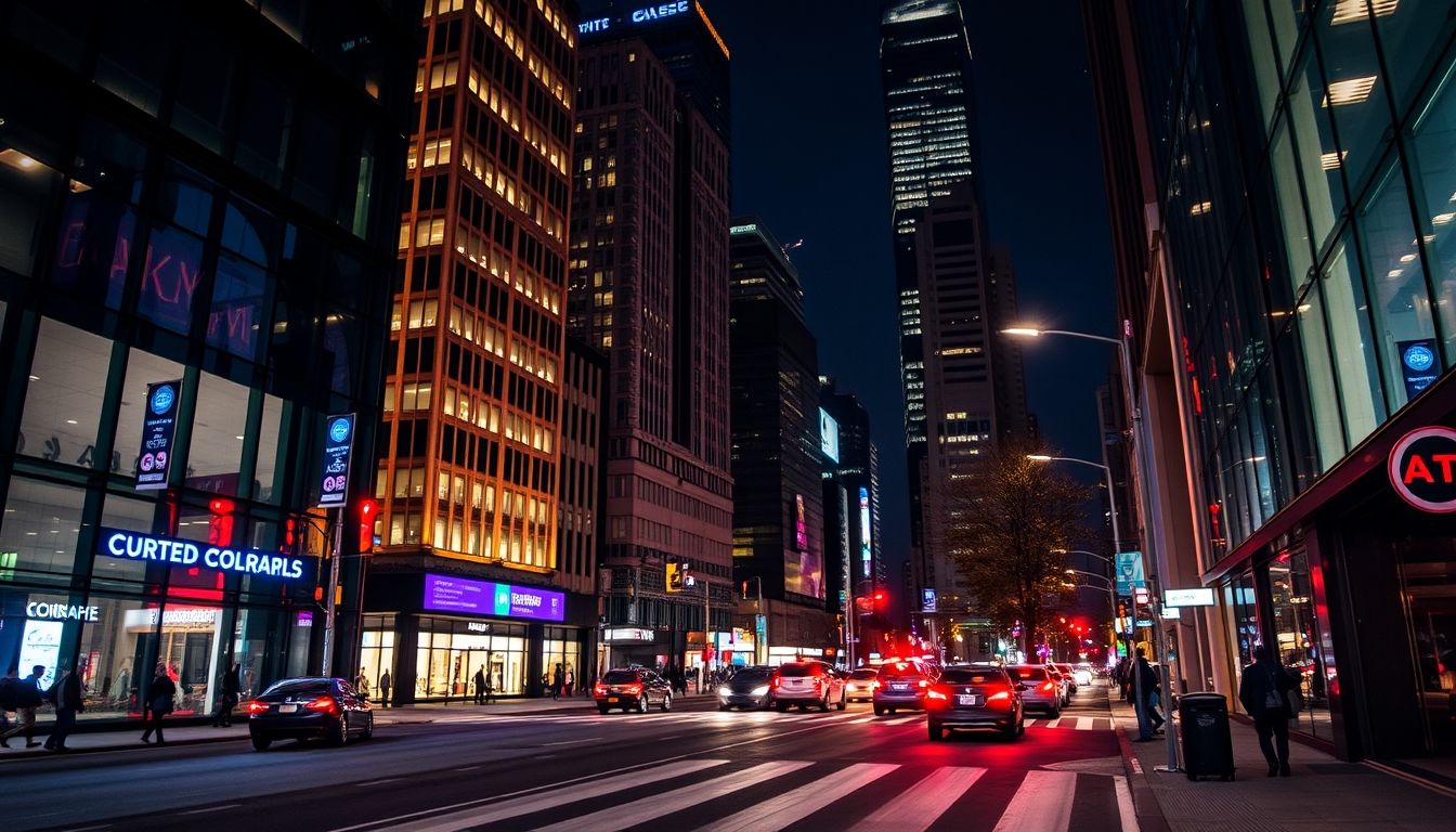 A vibrant city street at night, with reflections in the glass windows of skyscrapers. - Image