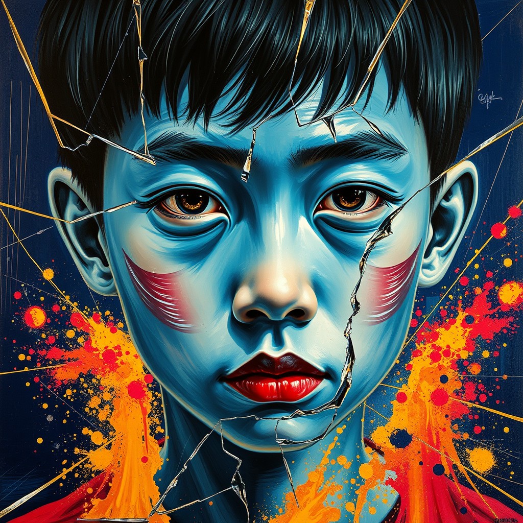 It's a Picasso-style oil painting, close up, of a Chinese boy with blue skin and a broken face, surrounded by glass breakage and gold lines on a dark blue background, with a colorful explosion of the spillage of powder. - Image