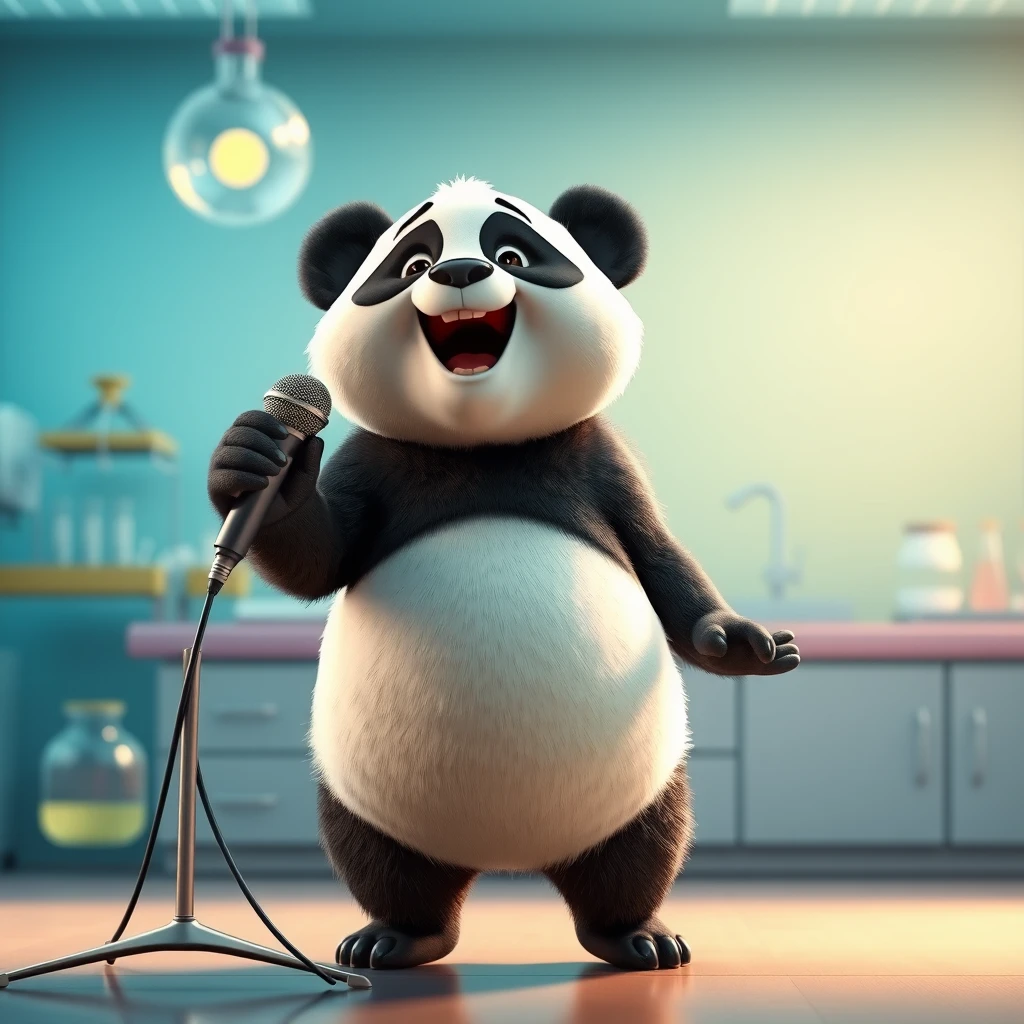 Science lab background, standing microphone, 3D Pixar animation style panda dancing and singing, excited and joyful expression, smooth fur on panda.