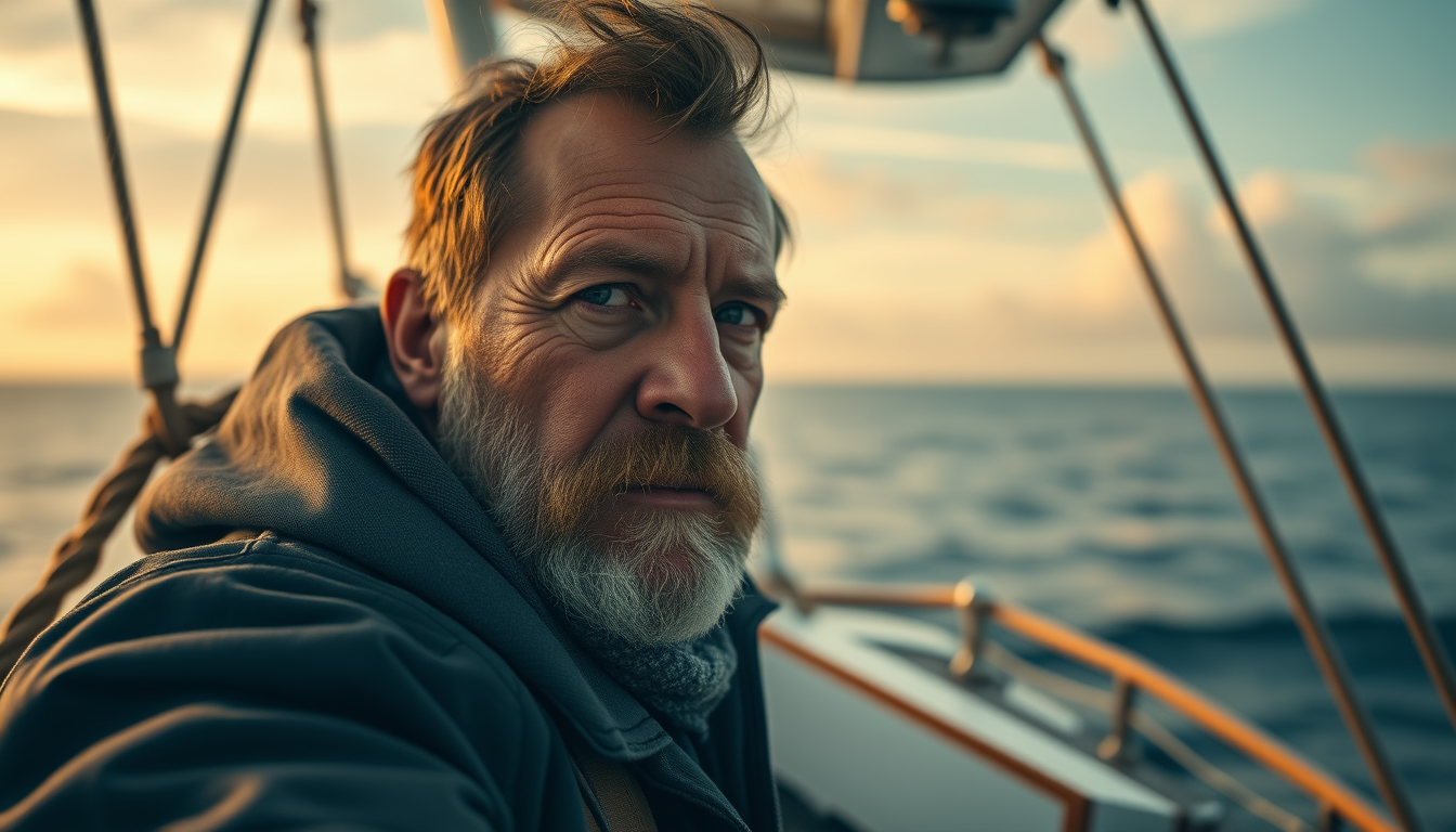 Ultra realistic photography portrait of a man in a ship with ocean horizon, 8K cinematic, post-processing, super-resolution, intricate details.