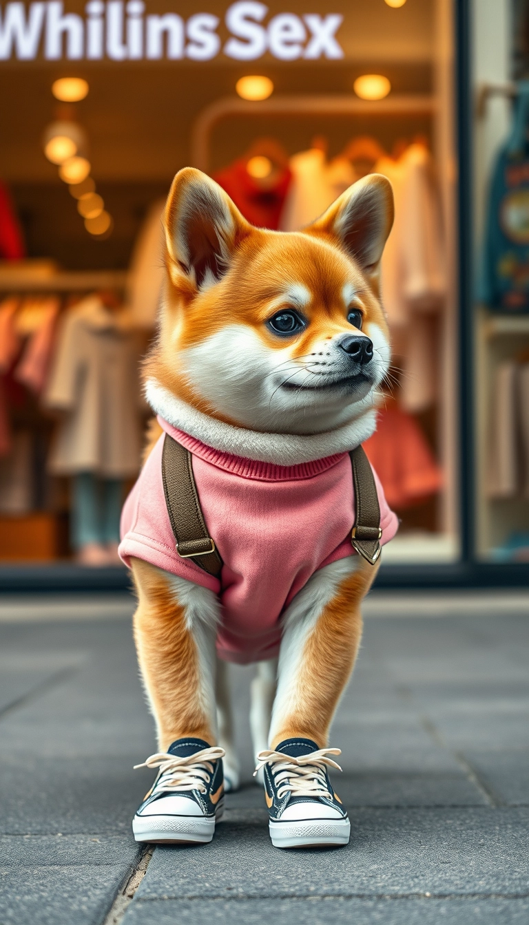 A small Shiba Inu is wearing fashionable clothing, adorable and cute, walking in sneakers on the street. The style matches the visual aesthetic of Sigel, fashionably exquisite, the image is beautiful, with a delicate texture of white and amber color. The background features a stylish children's clothing store, with camera depth of field effect.