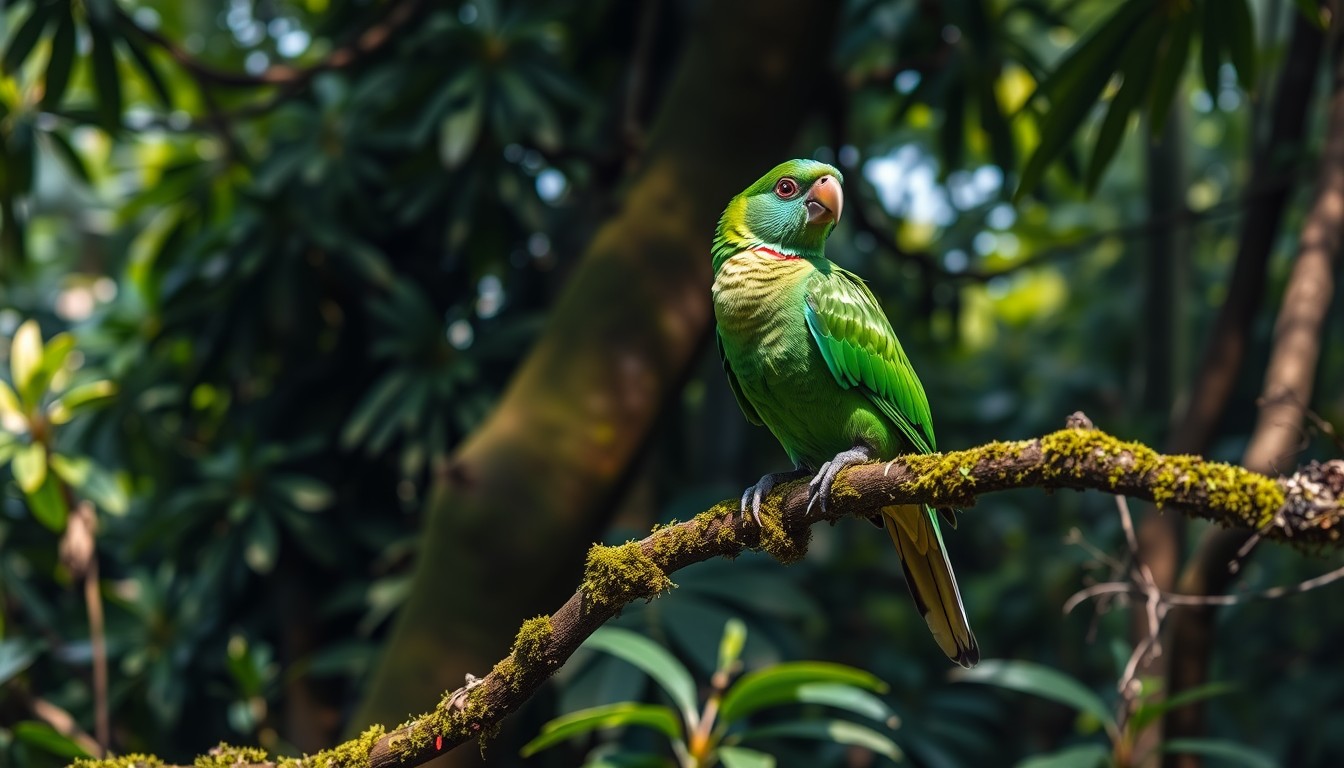 A vibrant emerald green bird with iridescent feathers, perched gracefully on a moss-covered branch in a dense, lush South American rainforest. The sunlight filters through the canopy, casting dappled light on the bird's plumage, highlighting its vibrant colors. - Image