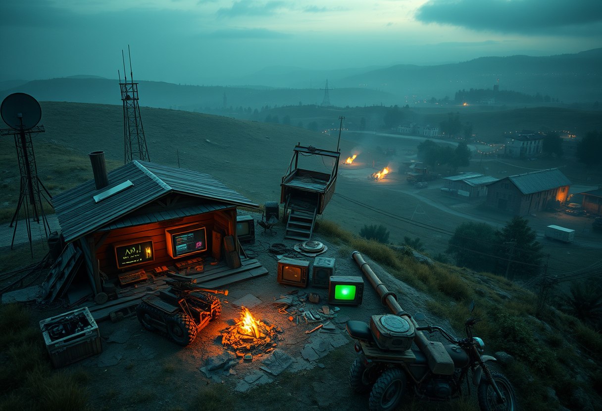 Photo realistic drone shot of a wooden outpost next to a cabin, a small campfire, a pile of rusty parts, some old motorbikes, an old makeshift armored vehicle mounted with a large machine gun and a makeshift rocket launcher, and a wooden watchtower all on a large hill with satellite dishes next to a radio tower, all in a hilly landscape. There are yellow, orange, red and faint green glows emitting from the cabin and the outpost. In one of the windows of the outpost a pile of old retro electronic parts is visible. In another window retro monitors are visible with screens that emit a green glow next to a small set of reel tape computers. In the distance there is a large brutalist structure with different colored glows coming from a couple of its windows surrounded by some old military vehicles. In the distance in a different direction there's an old overgrown town with brick buildings that's barely visible, with only faint glows emitting from a few of the windows and a small campfire barely visible. Sprinkled in the distance are small and slightly hidden outposts, old structures, radio towers, shacks, and watchtowers. The entire landscape is covered in a jungle of tall evergreen trees, with occasional wet gravel and rich dirt roads winding through. The weather is warm, rainy, and cozy under a cloudy sky with a post apocalyptic atmosphere and retro liminal feeling to it.