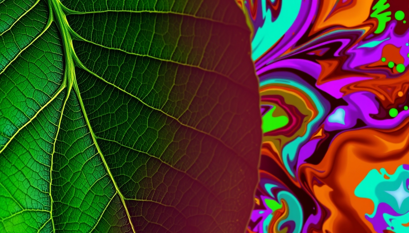 A close-up of a leaf with intricate details, transformed into an abstract digital pattern with vibrant colors and bold shapes.