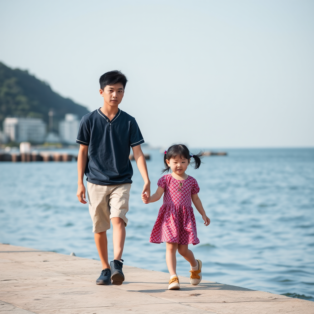 An Asian boy and a girl are walking hand in hand by the seaside. - Image