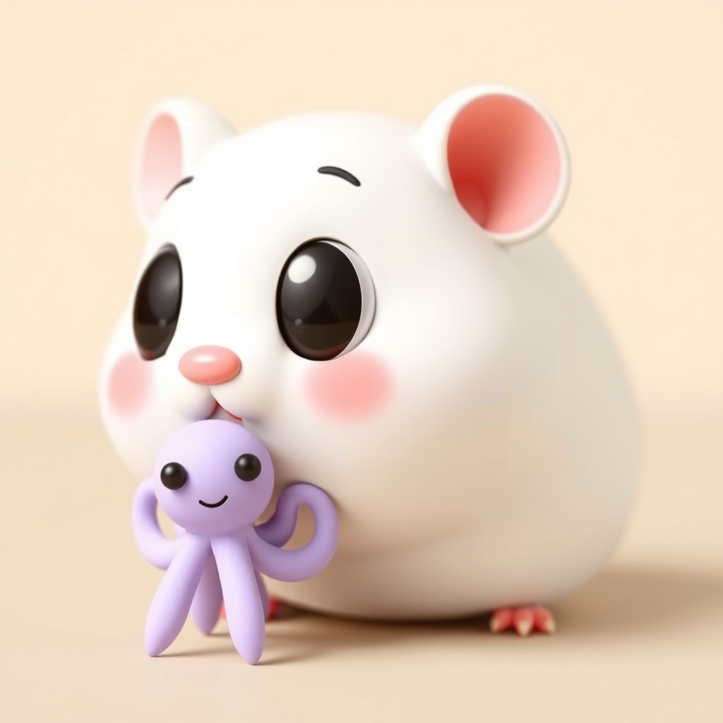 A cute white hamster with big eyes, a pink nose, and adorable little lips, and a tiny, cute light purple octopus that is smaller than the hamster, in a 1:2 ratio of cute characters, with three-dimensional 3D animation and maximized clay texture. - Image