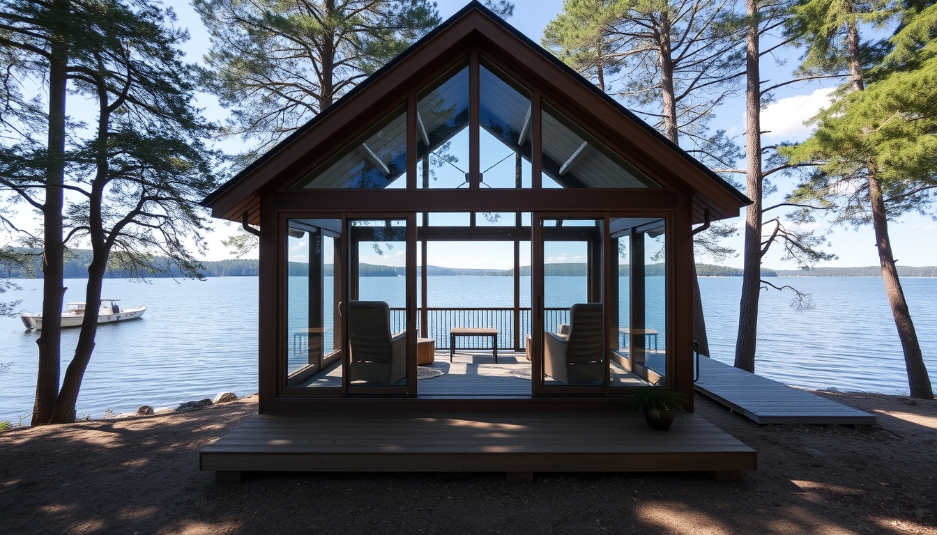 A serene lakeside cabin with a glass front, offering an unobstructed view of the water.