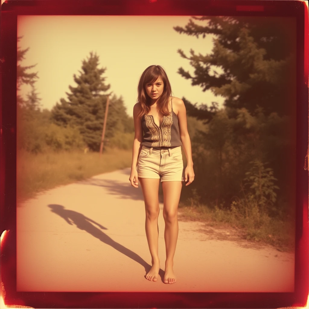 Barefoot angry teenage woman, 1970s, Polaroid.