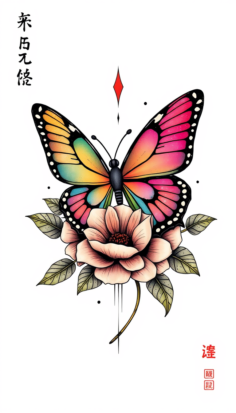 CHARACTER, sumi ink COLORS, BUTTERFLY, FLOWER, TATTOO STYLE, center png art, art by powell peralta, sullen, vertical art, vector, SUBLIME COVER ART - Image