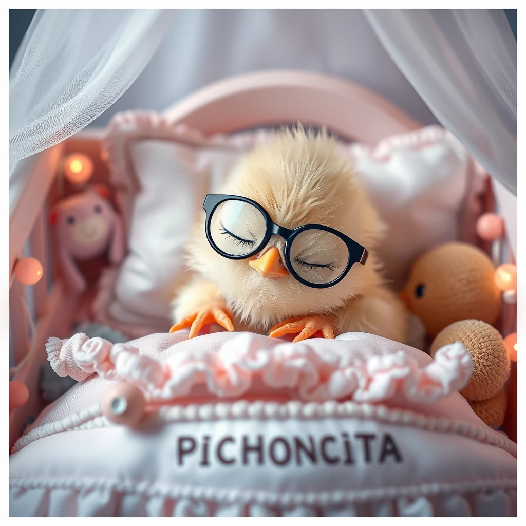 It is nighttime. A sweet, delicate, tender Kawaii newborn chick, wearing glasses, rests its head on the pillow deeply asleep in its precious little bed with small bells, frills, and soft colored lights, with childish details that have the name PICHONCITA written on it, surrounded by its cute stuffed toys. Photograph.