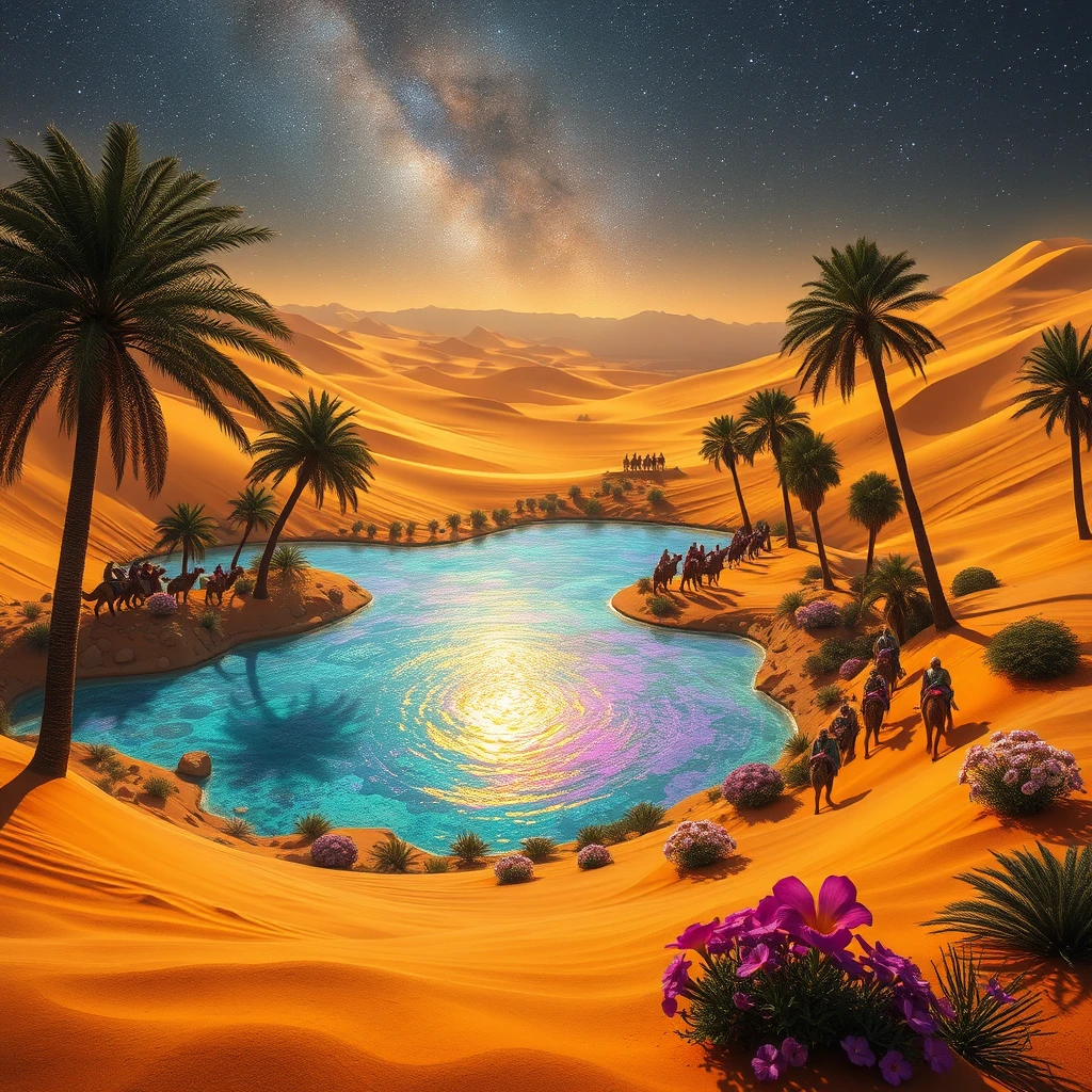 Envision a mystical desert oasis surrounded by golden sand dunes, where an iridescent lake reflects the stars above. Palm trees sway gently in the warm breeze, and vibrant flowers bloom in unexpected colors. In the distance, a caravan of travelers rides on the backs of majestic sand creatures, while shimmering mirages create illusions of distant cities. The atmosphere is enchanting, filled with the promise of adventure and the allure of the unknown. - Image